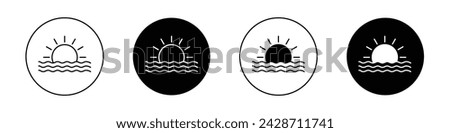 Sunrise Icon Set. Morning Horizon Sunshine Vector Symbol in a Black Filled and Outlined Style. Break of Day Sign.