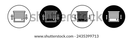 Jalousie Icon Set. Window shutter blind vector symbol in a black filled and outlined style. Rolling Curtain Privacy Shade Sign.