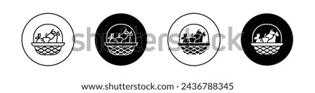 Fruit Basket Icon Set. Bowl picnic wicker vector symbol in a black filled and outlined style. Bountiful Harvest Sign.