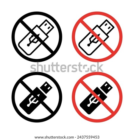 No USB flash drive sign icon set. Ban on digital data devices including flash and memory sticks vector symbol in a black filled and outlined style. Prohibited use of USB drives and storage media sign.