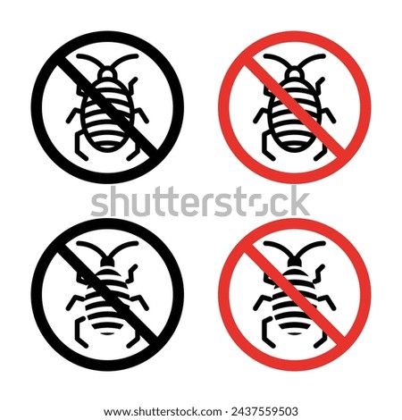 Stop Insect Sign Icon Set. Anti Cockroach and mite vector symbol in a black filled and outlined style. Creepy Crawlies Cease Sign.