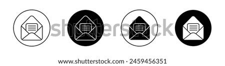 Envelope open icon set. open letter paper vector symbol. read newsletter mail sign. open email or mail web icon in black filled and outlined style.