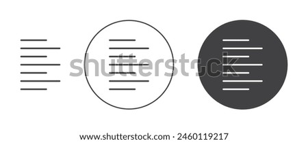 Align left icon set. font left align button in black filled and outlined style.
