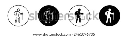 Hiking icon set. hiker man vector symbol. mountain trekking walk pictogram in black filled and outlined style.