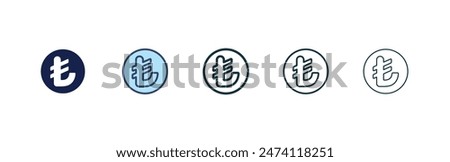 Lira sign icon set. turkey tl money vector symbol. turkish lira currency sign in black filled and outlined style.