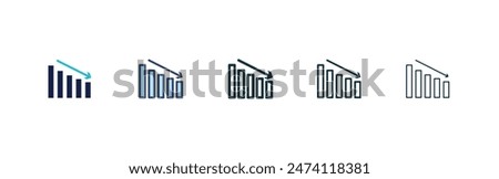 Arrow trend-down icon set. down trend chart arrow vector symbol. negative bar graph sign. decrease or drop in cost icon. lose or lower money sign in black filled and outlined style.