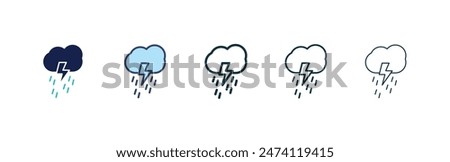 Thunderstorm icon set.thunder lightning vector symbol. rain thunderbolt weather sign in black filled and outlined style.