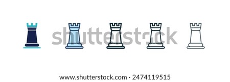 Chess rook icon set. chess elephant piece vector symbol in black filled and outlined style.