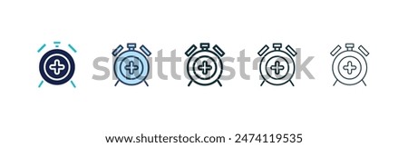 Alarm plus icon set. extra time vector symbol. clock with plus sign in black filled and outlined style.