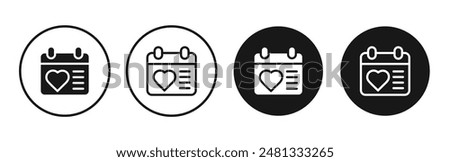 Calendar heart vector icon set black filled and outlined style.