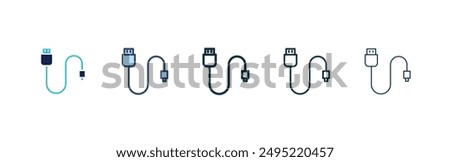 Phone cable vector icon set black filled and outlined style.