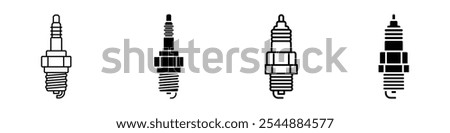 Spark plug icon collection in black and white filled and solid vector style.