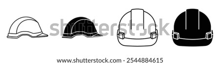 Safety helmet icon collection in black and white filled and solid vector style.