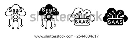 SaaS icon collection in black and white filled and solid vector style.