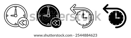 Rewind time icon collection in black and white filled and solid vector style.