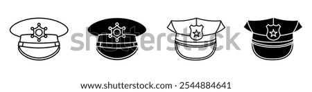 Police cap icon collection in black and white filled and solid vector style.