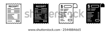 Paper receipt icon collection in black and white filled and solid vector style.