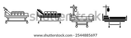 Hospital bed icon collection in black and white filled and solid vector style.