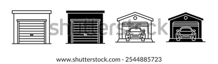 Garage icon collection in black and white filled and solid vector style.