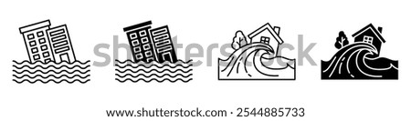 Flood icon collection in black and white filled and solid vector style.