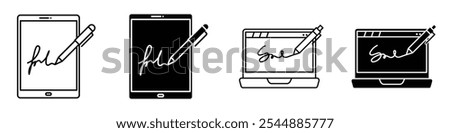 Electronic signature icon collection in black and white filled and solid vector style.