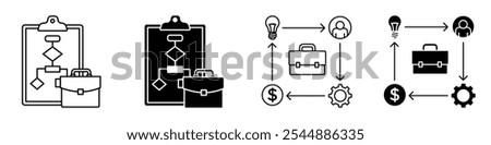 Business model icon collection in black and white filled and solid vector style.