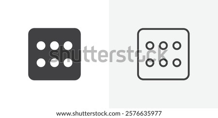 Dice six icon set in black flat solid and outlined style.