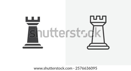 Chess rook icon set in black flat solid and outlined style.