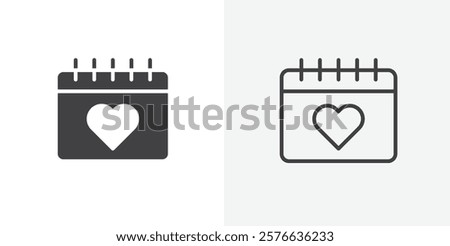 Calendar heart icon set in black flat solid and outlined style.