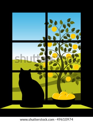 vector landscape with apple-tree outside window