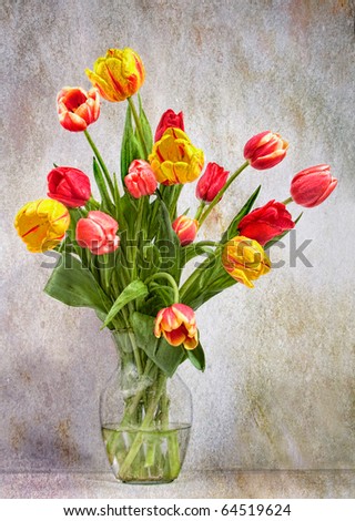montage floral art of tulips in vase with grunge background