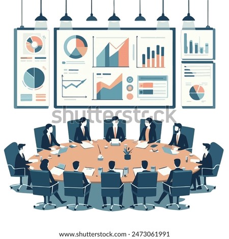 A vector image of a board of directors meeting, with people around a conference table, charts on the wall, and a presentation screen. Minimalist style with flat colors