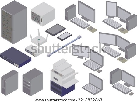 A set of various isometric personal computers and various peripherals