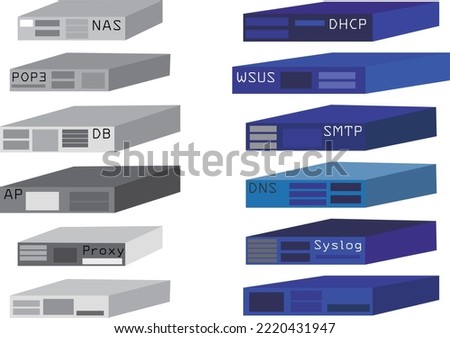 Illustration set of various server equipment