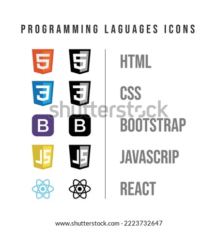 Programming language icons set, CSS, HTML, Javascript, Isolated editorial illustration on white