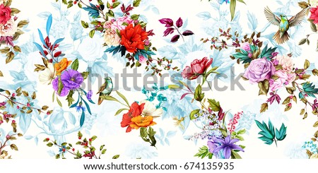 Wide vintage seamless background pattern. Rose, poppy, wild flowers with nightingales and leaf. Abstract, hand drawn, vector - stock.