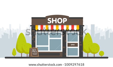 Vector shop or market store front exterior facade, vector illustration on sity space background.