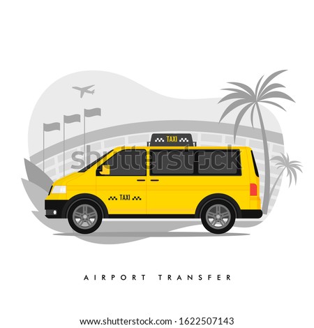 Shuttle Services Flat Vector Cartoon Illustration. Transfer. Taxi Riding on Road, Airport Building, Plane Taking Off Isolated Drawing. Terminal. Cityscape. Transport Rental. Automobile, Cab.