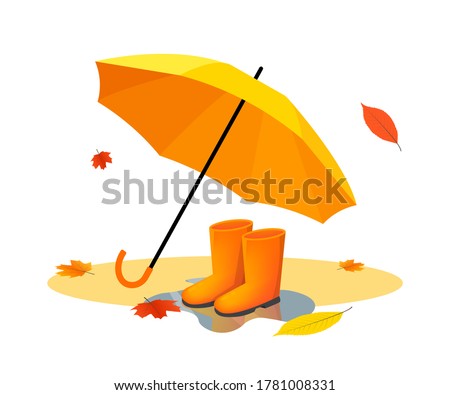 Orange umbrella and rubber boots on puddle after rain with autumn leaves. Vector flat illustrations. Autumn rainy day. Nice walk in rubber cute boots with orange umbrella.