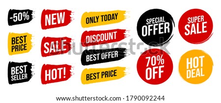 Set discount label with advertising text on brush stripe and circle in different colors. Vector illustration. Special offer the best price only today, super sale, hot deal sign isolated on white.