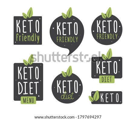 Set badge keto diet. Vector flat illustration. Ketogenic diet logo sign. Keto diet menu. Collection round, square, in the form of vegetables icon keto friendly diet with leaves isolated on white.