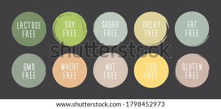 Hand drawn food dietary label set. Natural pastel color on grunge circle background. Fat free, GMO free, gluten free, nitrates, sugar free and others.