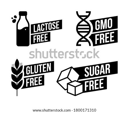 Lactose free, Sugar free, Gluten free, GMO free vector labels for food emblems designs, can be used as stamps, seals, badges, for packaging etc. Decorative element for healthy natural organic nutritio