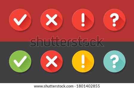 Vector check mark exclamation mark, question mark icons set. Flat icons for web and mobile applications. Circle flat design with shadows.