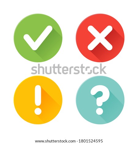 Vector check mark exclamation mark, question mark icons set. Flat icons for web and mobile applications. Circle flat design with shadows.