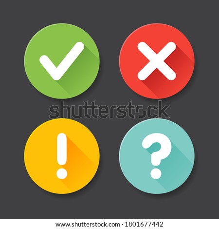 Vector check mark exclamation mark, question mark icons set. Flat icons for web and mobile applications. Circle flat design with shadows.