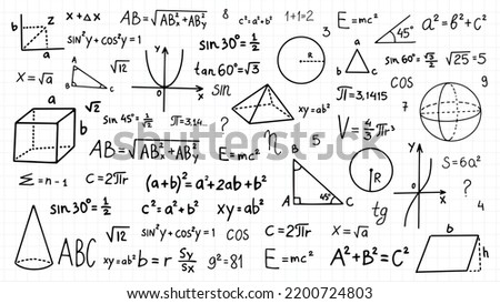 Doodle math formulas. Handwritten mathematical equations, schemes on notebook squared paper. Algebra or geometry calculations vector set. College, school or university lecture notes.