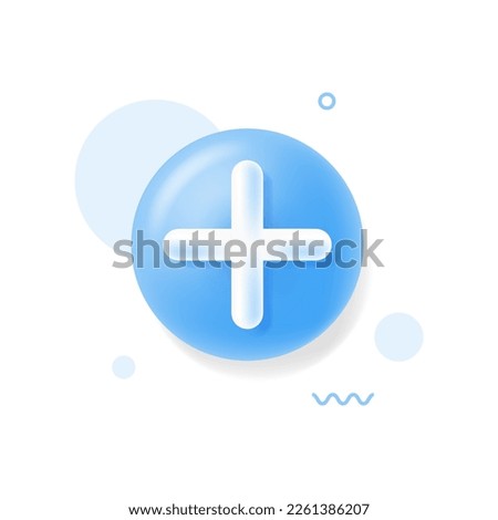3d blue circle with plus on the white background. Cute icon of first aid. Health care. Medical symbol of emergency help. Vector illustration.