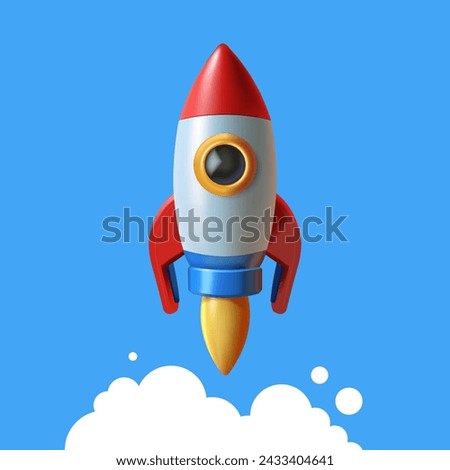 3d cartoon style minimal spaceship rocket icon. Toy rocket upswing ,spewing smoke. Startup, space, business concept.