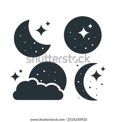 Minimalistic moon and stars icons in vector format, symbolizing night sky, calm, and tranquility. Perfect for use in design projects related to astronomy, sleep, or night themes